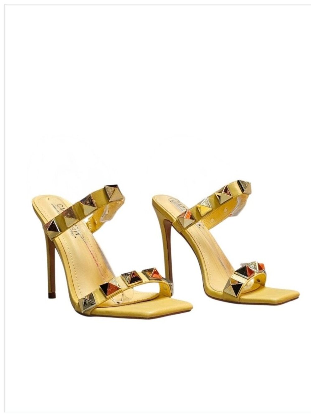 Yellow Studded High Heel Sandals With Straps & Square Toe Design For Women - Picture 14 of 15